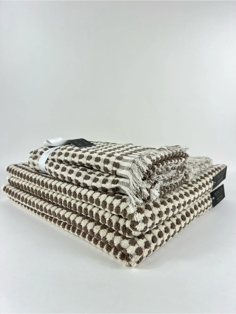 Rachel Zoe Bath Towel Set Brown & Cream Waffle Weave Soft Cotton 6 Pc Set NEW